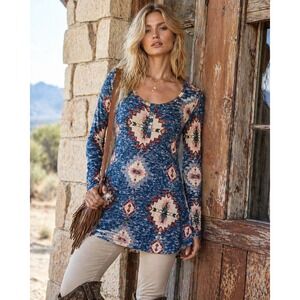 Vintage Jody California Top Women L Blue Henley Aztec Tunic Boho Western